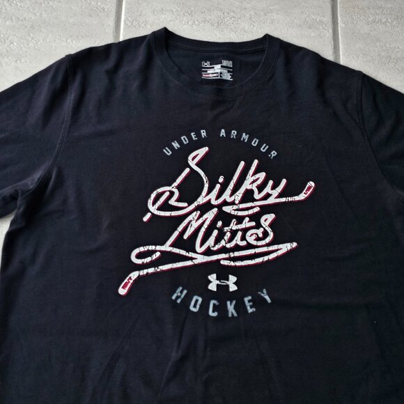 Mens Under Armour UA Silky Mitts Hockey Shirt Extra Large XL Navy Blue - Picture 2 of 2